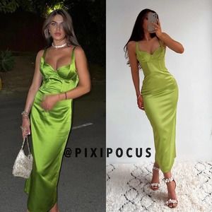 ZARA SATIN BUSTIER CORSET MIDI DRESS LIME GREEN